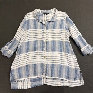 John Mark Women's Linen Large Button Up Tunic Blouse Blue‎ and White Stripes